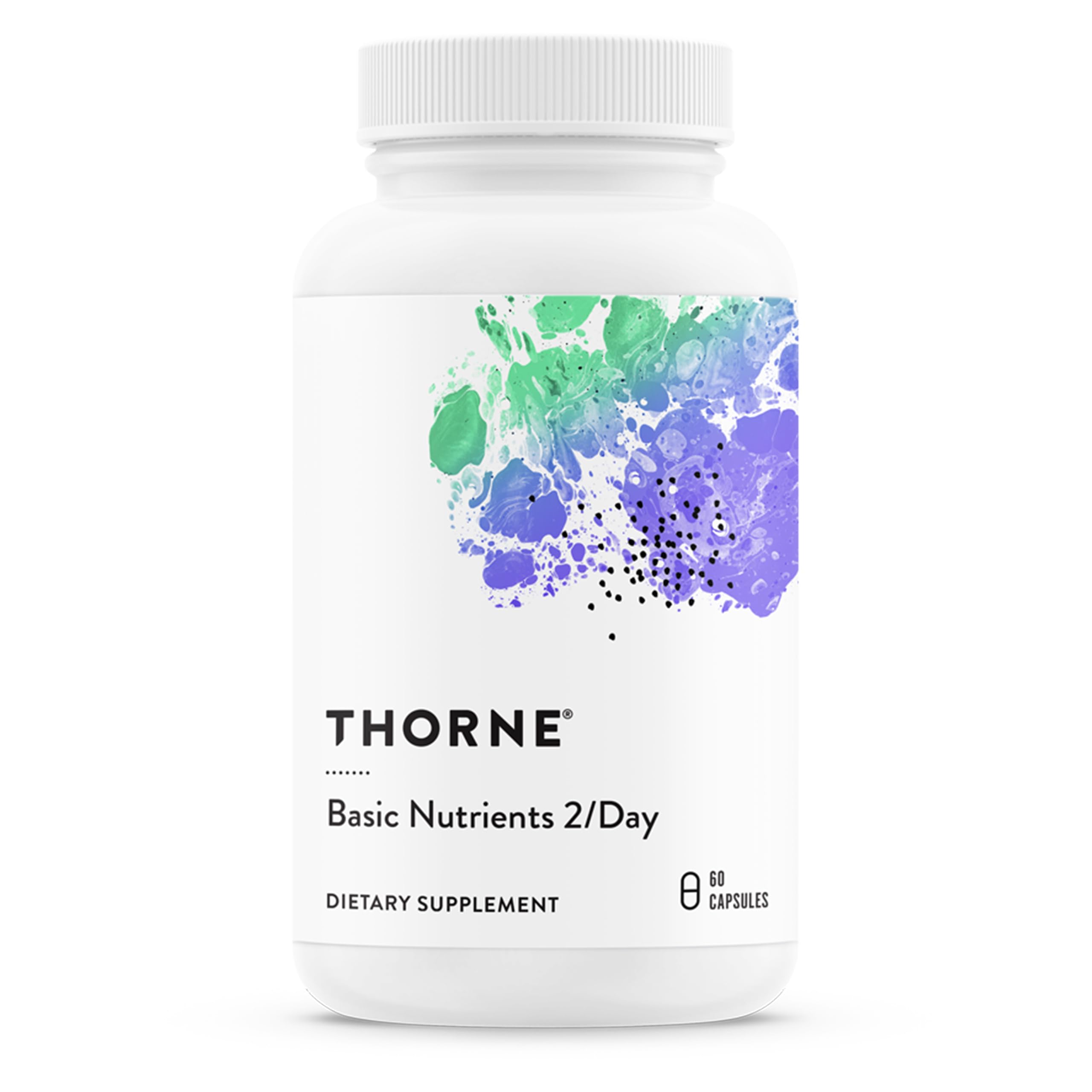 White bottle of Thorne Basic Nutrients 2/Day multivitamin dietary supplement with colorful label art