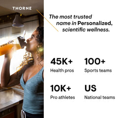 Thorne Basic Nutrients 2/Day multivitamin image of woman drinking from Thorne shaker with trust stats for pros and teams