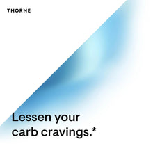 THORNE promotional card reading “Lessen your carb cravings*” with blue gradient background