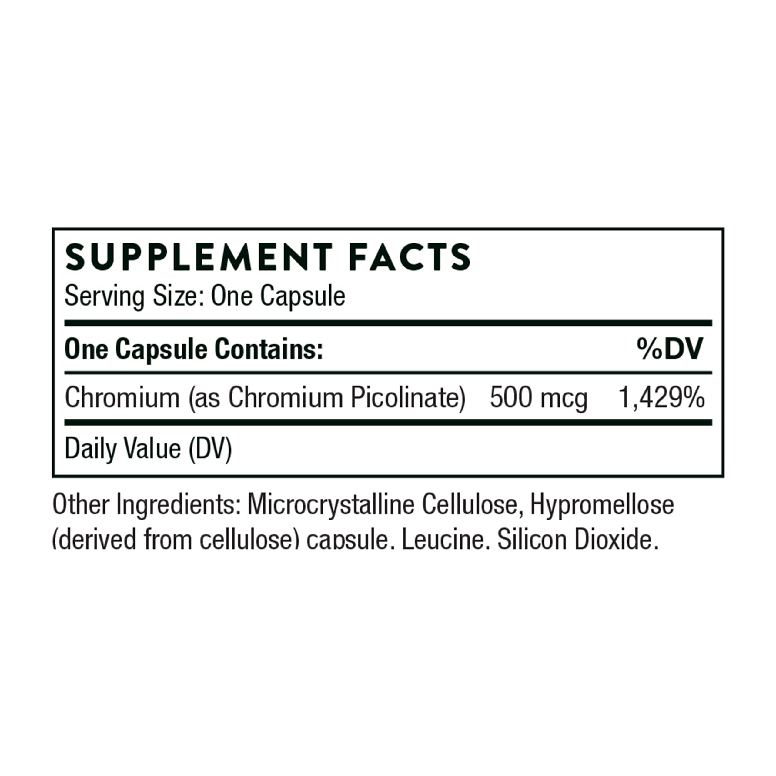 Thorne chromium for blood sugar support supplement facts label one capsule 500 mcg chromium picolinate