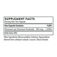 Supplement Facts label: one capsule contains Chromium (as Chromium Picolinate) 500 mcg
