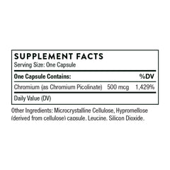Thorne chromium for blood sugar support supplement facts label one capsule 500 mcg chromium picolinate