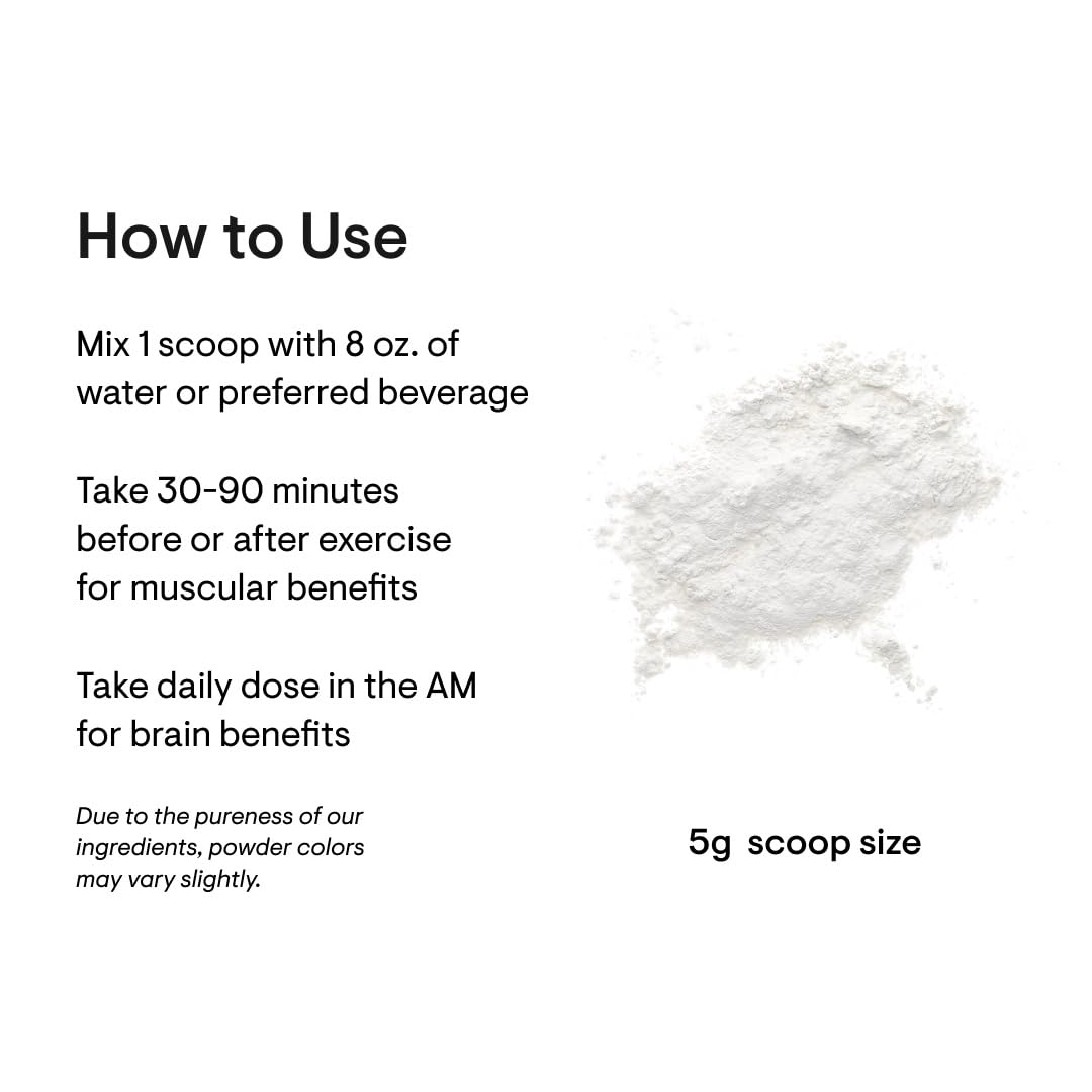 Thorne creatine monohydrate powder pile and how to use instructions showing 5g scoop size and mixing directions