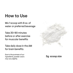 Thorne creatine monohydrate powder pile and how to use instructions showing 5g scoop size and mixing directions