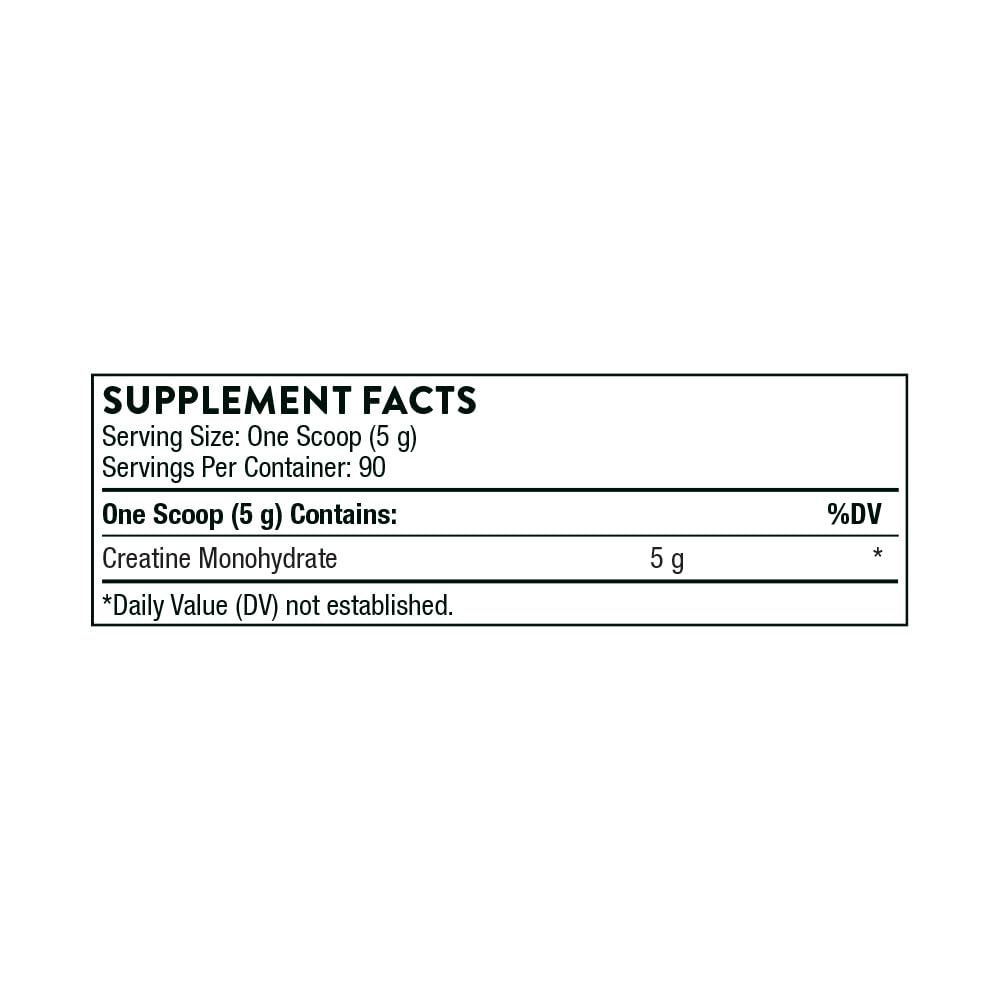 Thorne creatine monohydrate powder supplement facts label showing one scoop 5 g serving and 90 servings per container