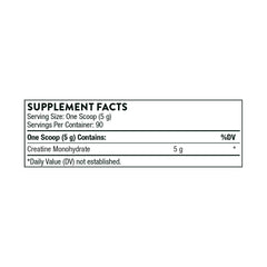 Thorne creatine monohydrate powder supplement facts label showing one scoop 5 g serving and 90 servings per container