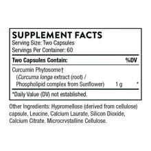 Supplement Facts label for Curcumin Phytosome; serving size two capsules