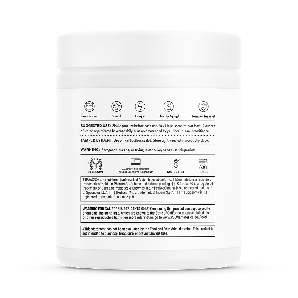 Back of Thorne Daily Greens Plus powder white supplement jar with label text usage icons and warnings