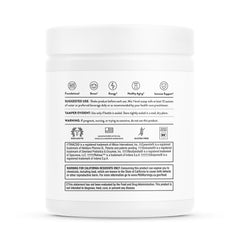 Back of Thorne Daily Greens Plus powder white supplement jar with label text usage icons and warnings