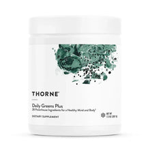 THORNE Daily Greens Plus supplement powder jar with green splash label