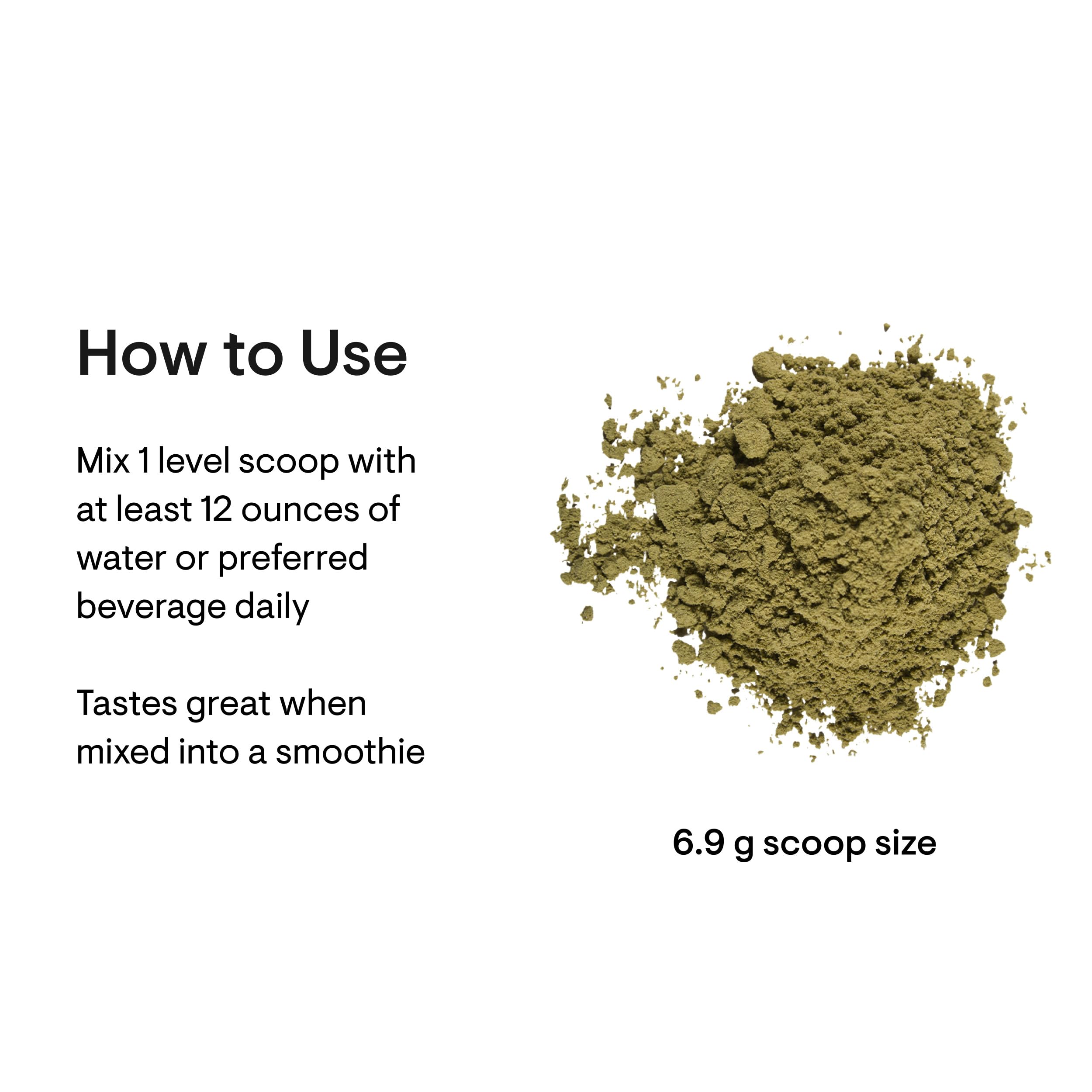 Thorne Daily Greens Plus powder green supplement scoop 6.9 g with mixing instructions for smoothies and water