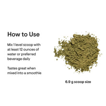 THORNE Daily Greens Plus “How to Use” label with scoop size and powder