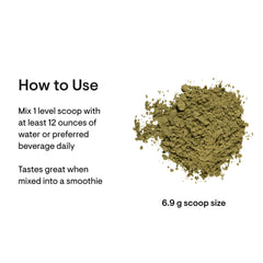 Thorne Daily Greens Plus powder green supplement scoop 6.9 g with mixing instructions for smoothies and water