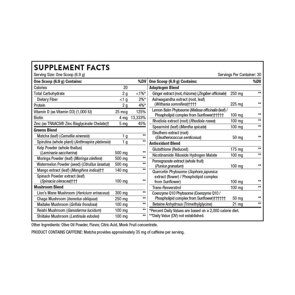 Thorne Daily Greens Plus powder supplement facts label showing serving size and ingredient blends