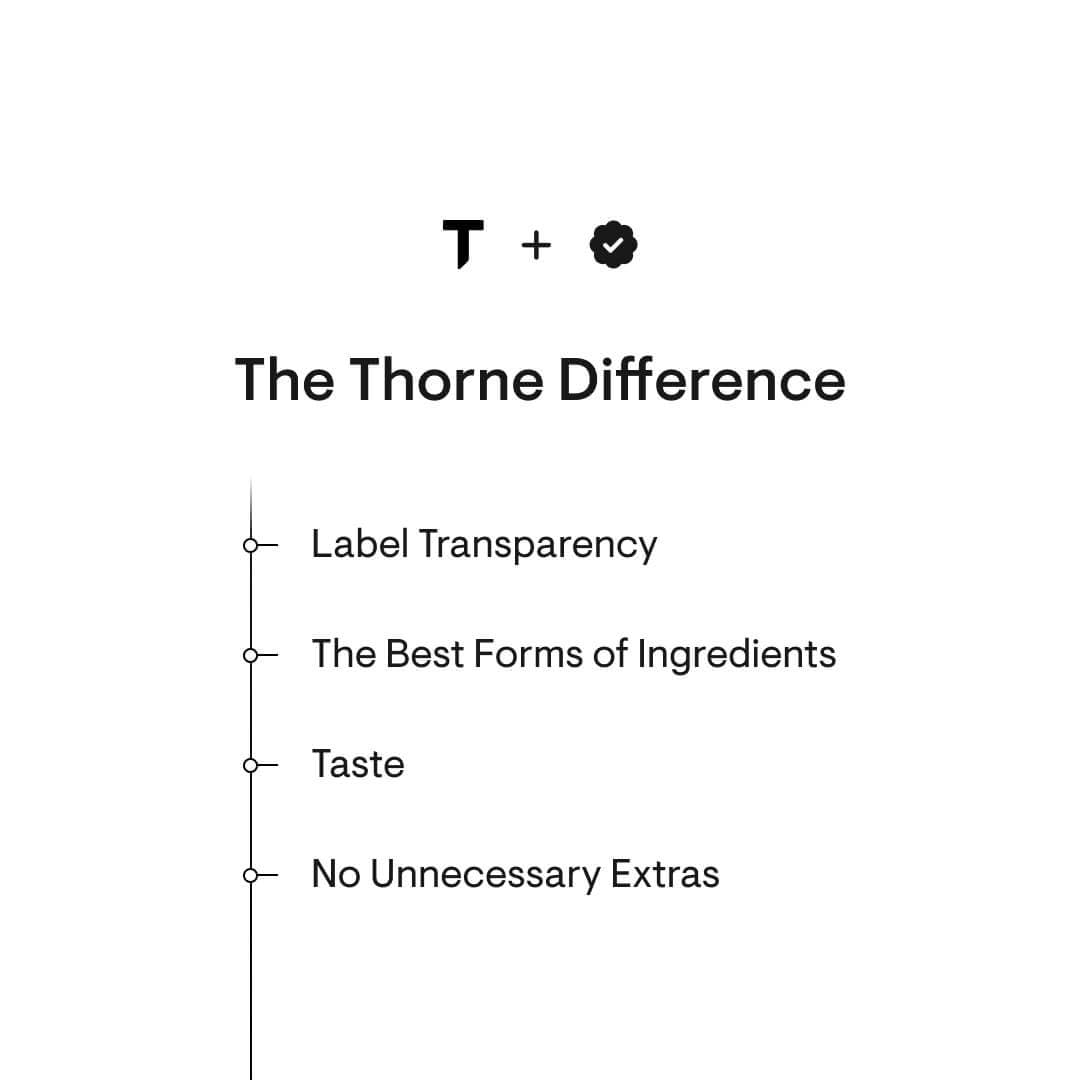 Thorne Daily Greens Plus powder label showing The Thorne Difference benefits label transparency taste no unnecessary extras