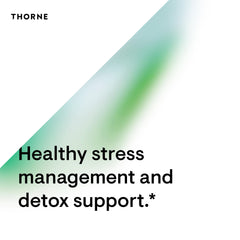 THORNE logo, green diagonal blur and headline about healthy stress management and Thorne Glycine supplement for relaxation.