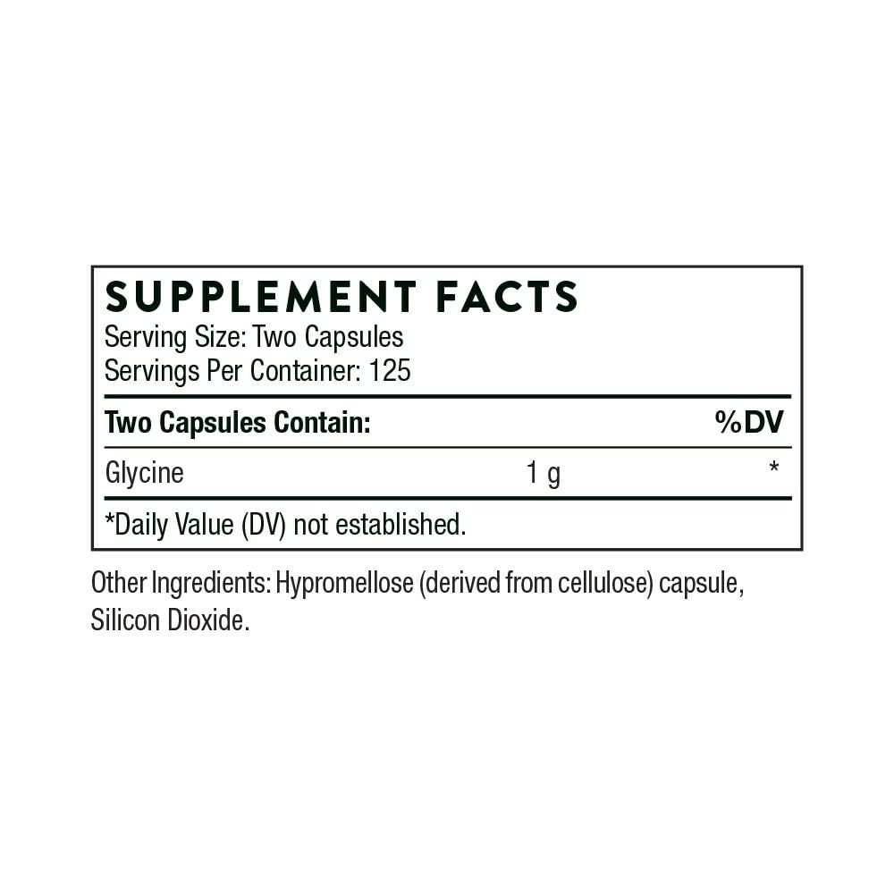 Thorne Glycine supplement for relaxation. Supplement facts label showing serving size two capsules and glycine 1 g per serving