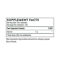 Thorne Glycine supplement for relaxation. Supplement facts label showing serving size two capsules and glycine 1 g per serving