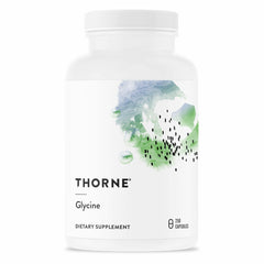 White THORNE Glycine bottle with watercolor label and 250 capsules Thorne Glycine supplement for relaxation
