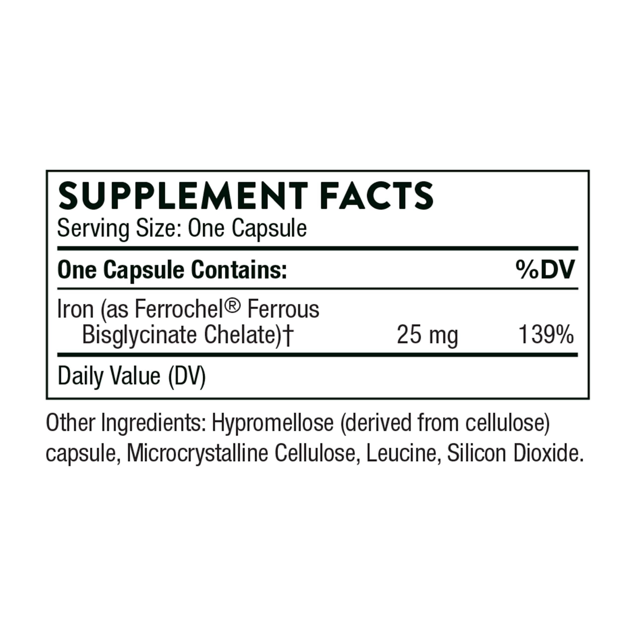 Thorne Iron Bisglycinate supplement label showing Supplement Facts 25 mg iron per capsule 139 percent DV and other ingredients