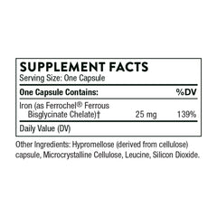 Thorne Iron Bisglycinate supplement label showing Supplement Facts 25 mg iron per capsule 139 percent DV and other ingredients