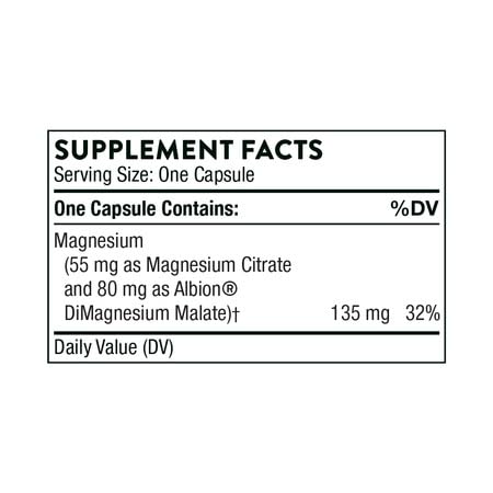 THORNE magnesium citrate malate supplement label showing supplement facts one capsule contains 135 mg magnesium