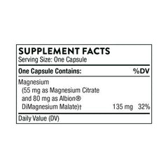 THORNE magnesium citrate malate supplement label showing supplement facts one capsule contains 135 mg magnesium