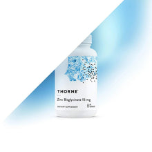 THORNE Zinc Bisglycinate 15 mg supplement bottle, angled view with label