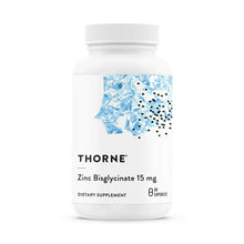 THORNE Zinc Bisglycinate 15 mg supplement bottle, front label with blue graphic