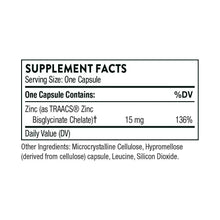 THORNE Zinc Bisglycinate 15 mg Supplement Facts label showing 15 mg per capsule
