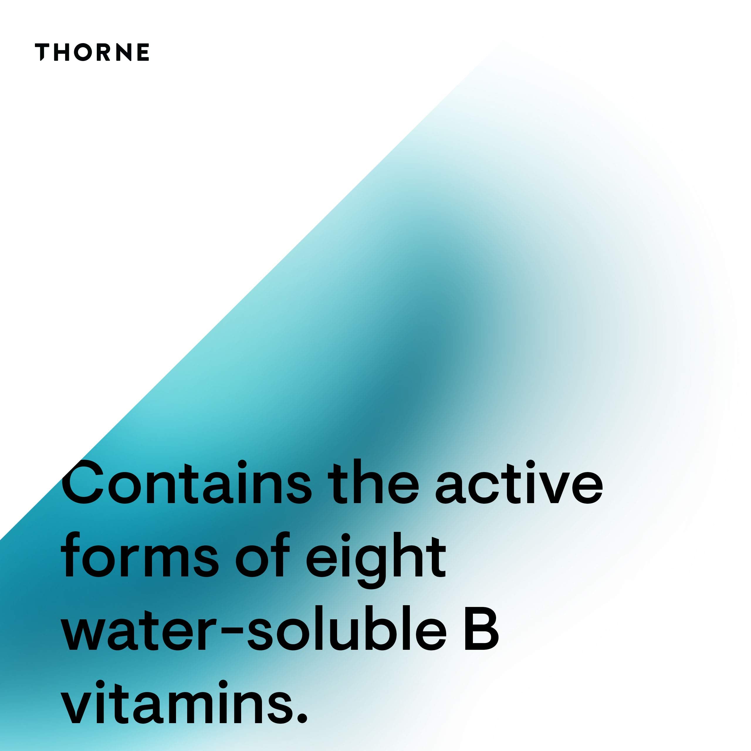 THORNE image showing teal gradient and text about active forms of eight water soluble B vitamins Vitamin B Complex supplement UAE