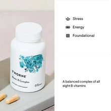 B complex supplement bottle with teal label and "Stress, Energy, Foundational" icons