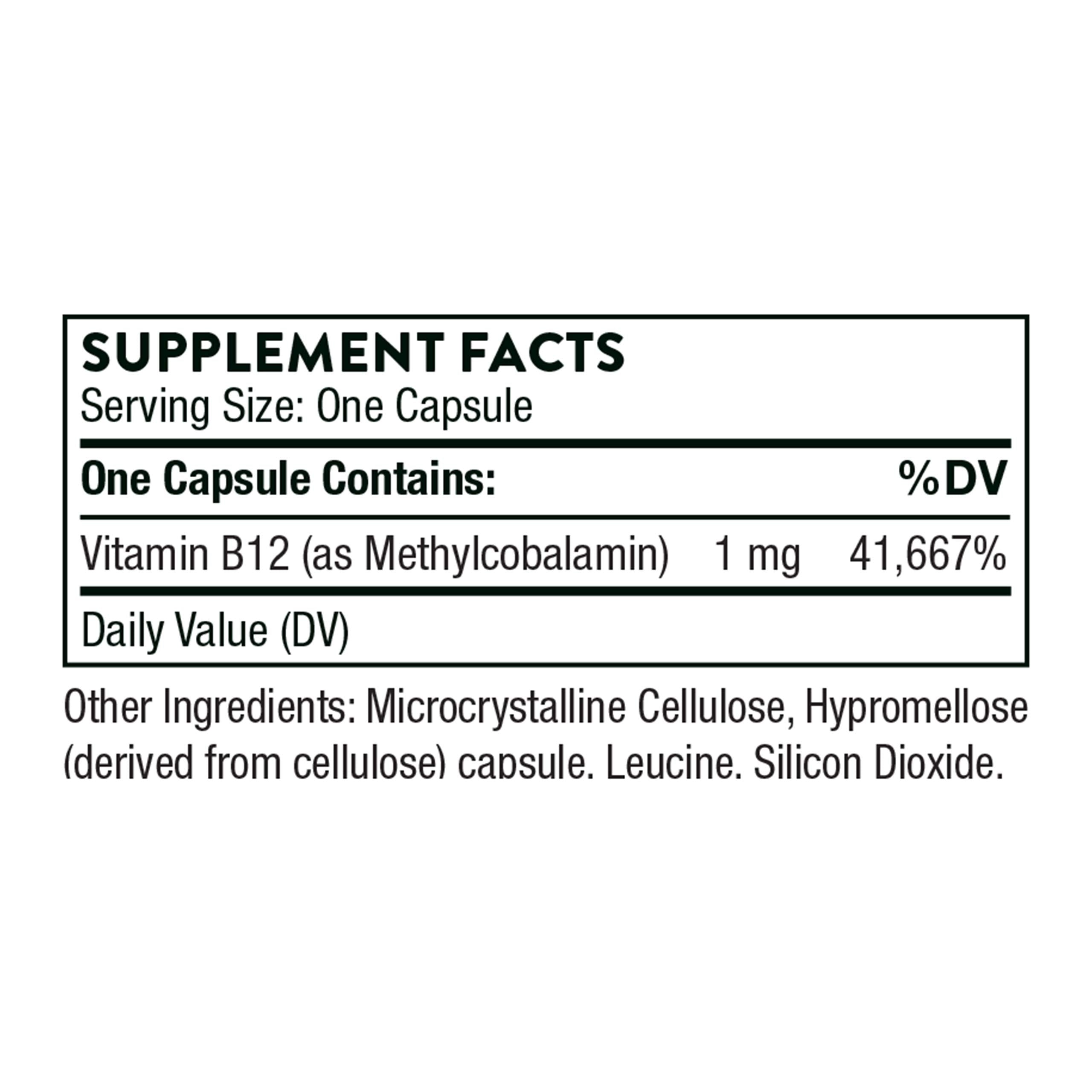 Supplement facts label showing one capsule contains 1 mg methylcobalamin Vitamin B12 supplement UAE high potency