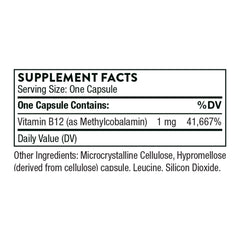Supplement facts label showing one capsule contains 1 mg methylcobalamin Vitamin B12 supplement UAE high potency