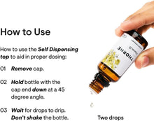 How to use guide for self-dispensing bottle: remove cap, hold at 45 degrees, wait