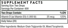 Supplement facts: Vitamin D3 1,000 IU (25 mcg), two drops, 125% DV