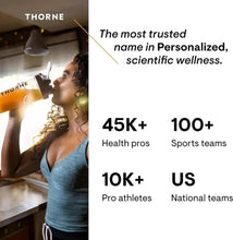 THORNE supplement marketing panel with tagline and health pros, sports teams, pro athletes stats