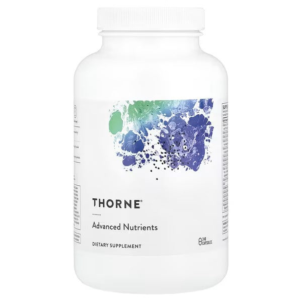 Thorne zinc bisglycinate 30mg capsules dietary supplement bottle with abstract blue and green design