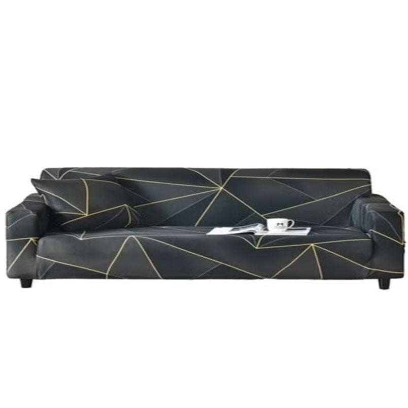 Huitich three seater sofa cover black with modern geometric gold lines design