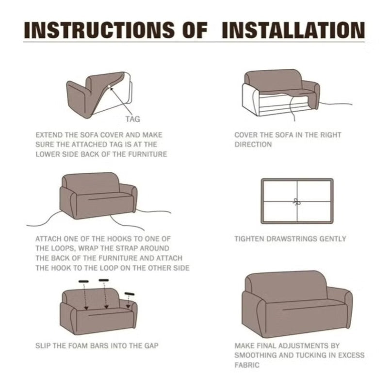 Installation instructions for Huitich three seater sofa cover grey with step-by-step fitting guide