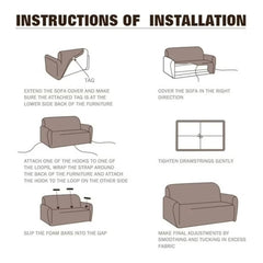 Installation instructions for Huitich three seater sofa cover grey with step-by-step fitting guide