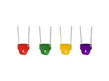 Toddler bucket swing with chain, four colorful buckets: red, green, yellow, purple.
