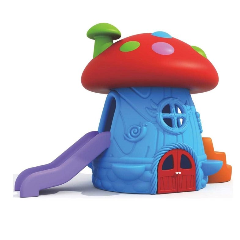 Huitich toddler mushroom playhouse for garden with red roof, blue body, slide, and stairs