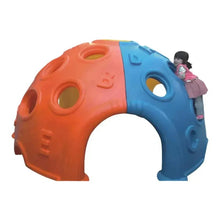 Orange and blue plastic toddler play dome with large arched entrance and climbing holes