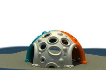 Gray and orange plastic toddler play dome with circular climbing openings