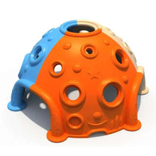 Orange and blue plastic toddler play dome with circular climbing openings and handholds