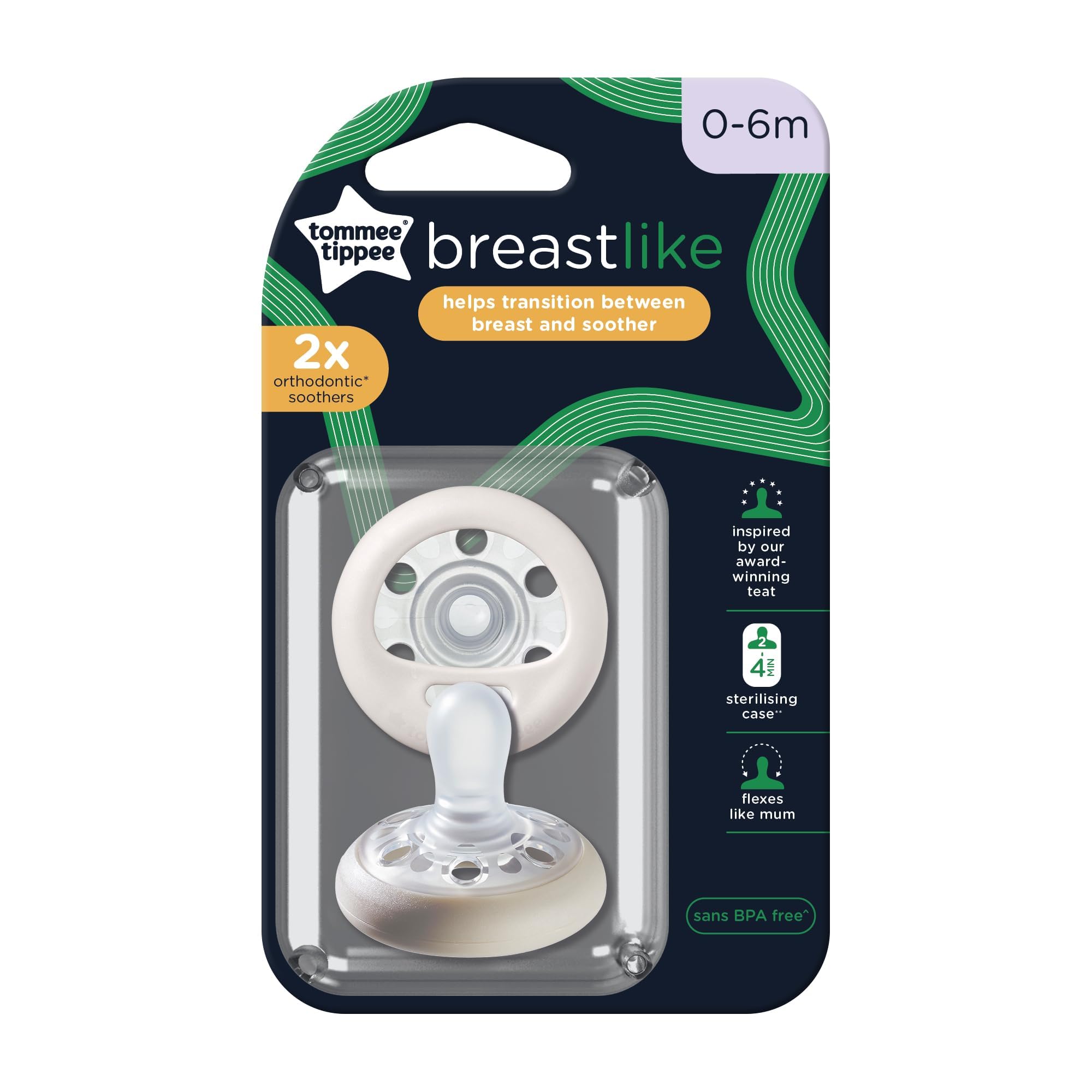 Tommee Tippee breast-like pacifier twin pack for 0 to 6 months with orthodontic silicone soothers and sterilizing case