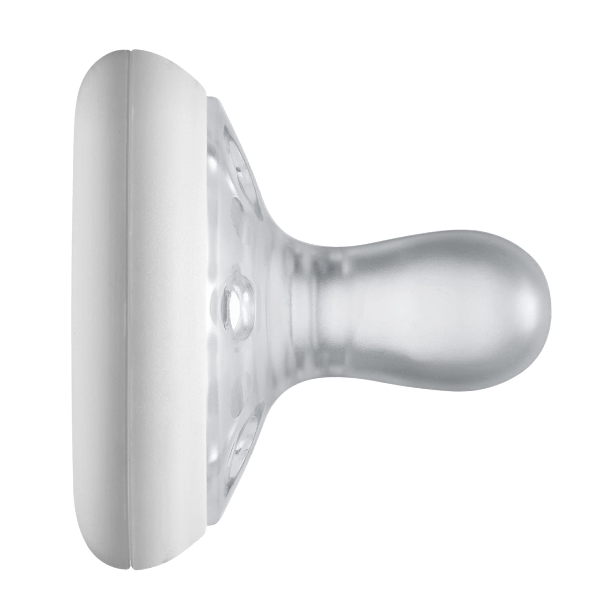 Clear silicone Tommee Tippee breast-like pacifier with white shield shown in side profile for newborn soothing