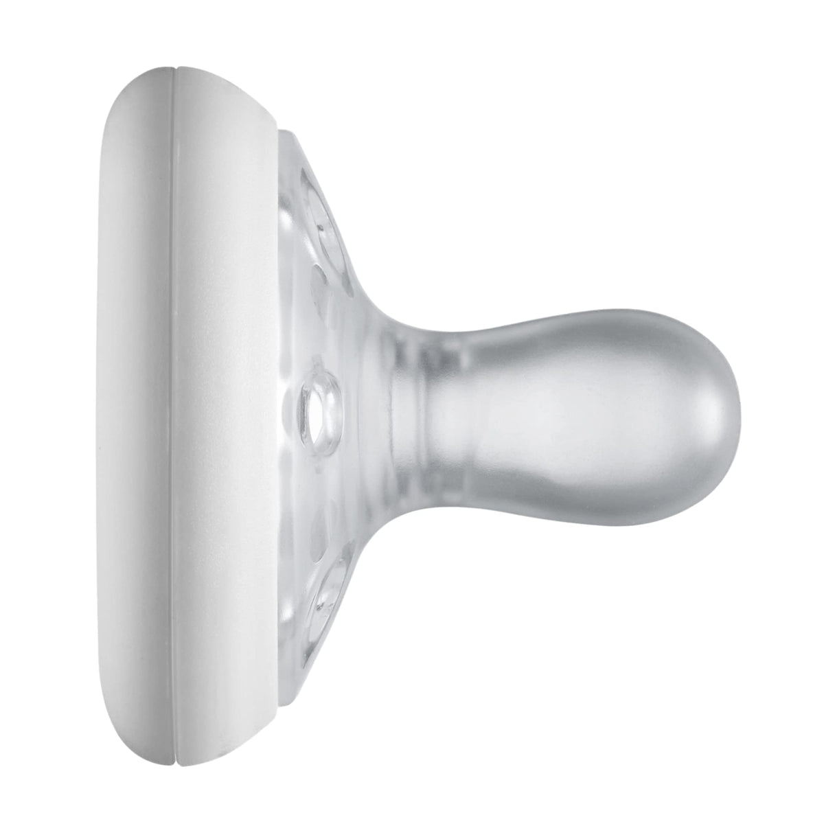 Clear silicone Tommee Tippee breast-like pacifier with white shield shown in side profile for newborn soothing