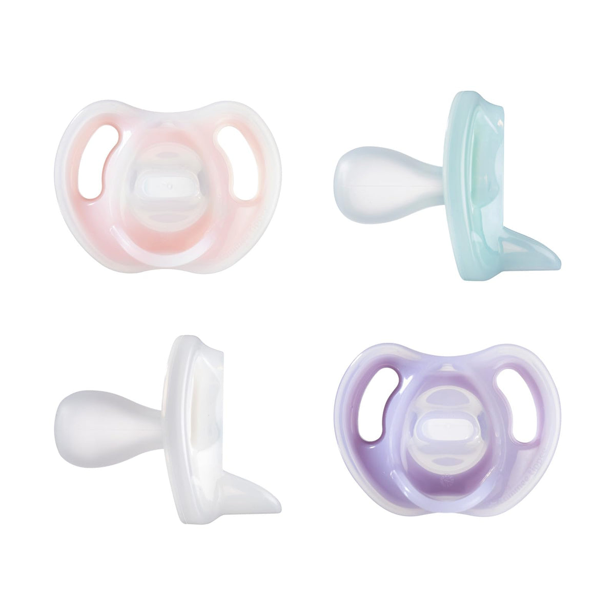 Tommee Tippee silicone soother 0-6 months pack of four pastel pink mint white lavender pacifiers shown front and side views
